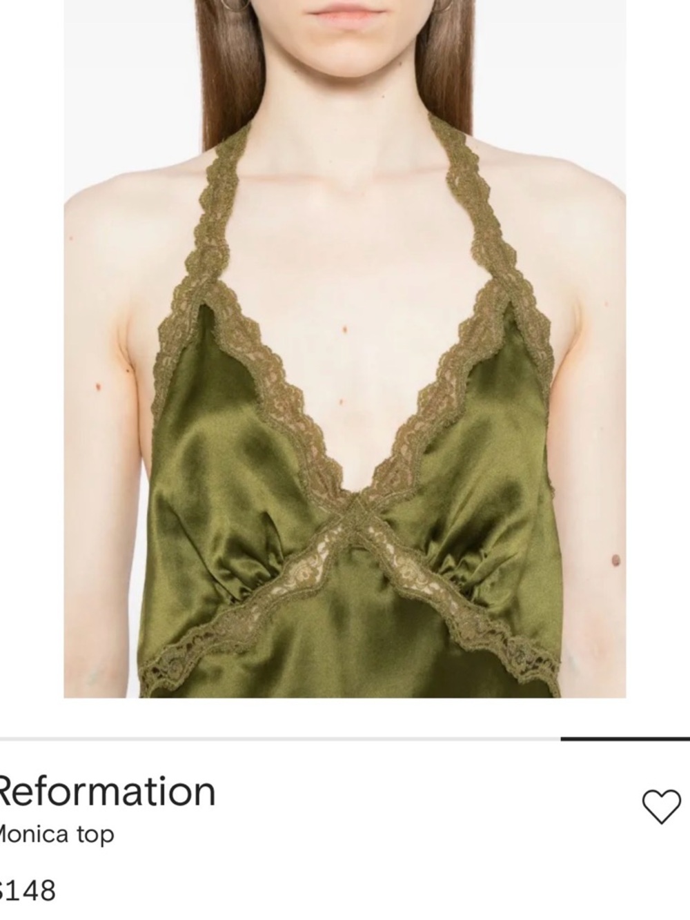 Reformation Olive Silk Satin Lace-Trim Halter Chemise Top